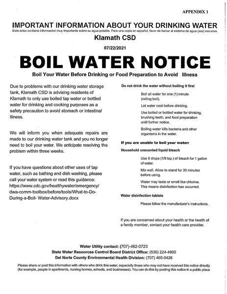 Boil water notice issued to Klamath residents
