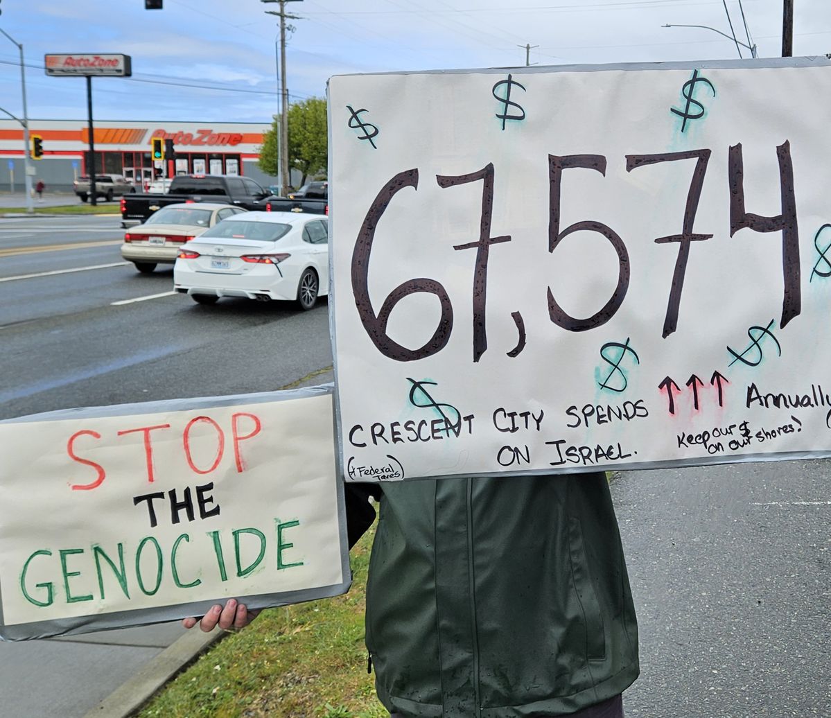 Palestine Protests Displayed along 101 in Crescent City