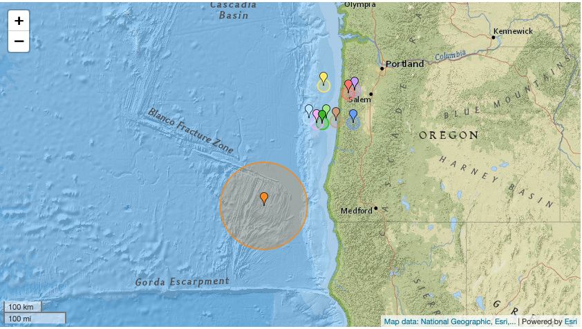 Update: Small earthquakes west of Port Orford